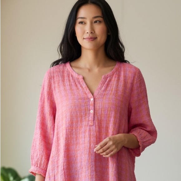 J. Jill Tops - J. Jill Cotton Gauze Checkered Partial Button-Down Tunic Pink and Orange Size LP